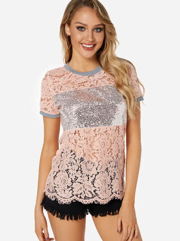 Weekend Savings Bonanza Custom Crew Neck Plain Hollow Sequins Embellished Short Sleeve T-Shirts Weekend Savings Bonanza Custom Crew Neck Plain Hollow Sequins Embellished Short Sleeve T-Shirts