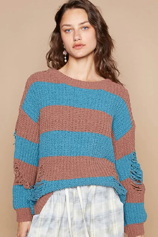 Your Weekend, Your Savings Striped Distressed Long Sleeve Sweater