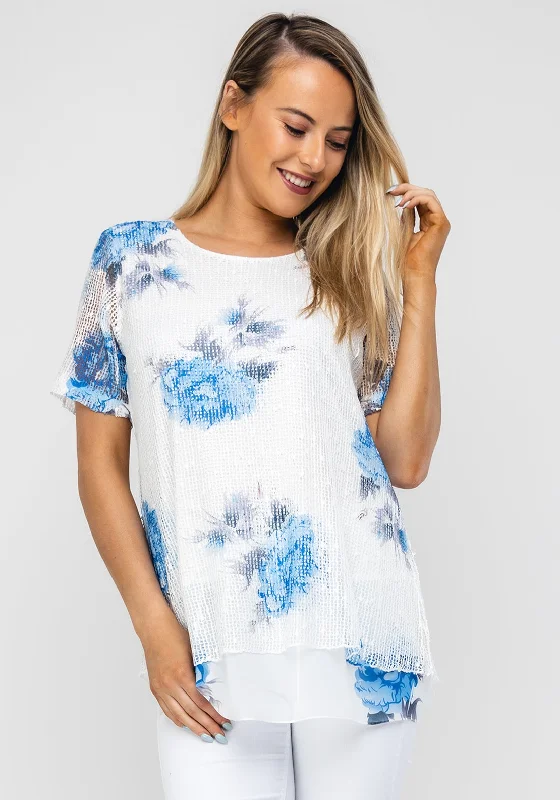 Super Bargain Seventy1 Mesh Overlay Chiffon Trim Top, Blue
