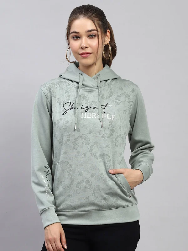 Seasonal Sale Women Green Printed Hooded Full Sleeve Sweatshirt