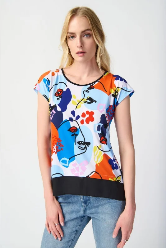 Weekend Offers That Tempt Joseph Ribkoff Vanilla/Multi Abstract Face Print Short Sleeve Hi-Low Top 241308 Weekend Offers That Tempt Joseph Ribkoff Vanilla/Multi Abstract Face Print Short Sleeve Hi-Low Top 241308